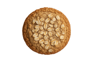 A top view of a delicious oatmeal cookie, generously topped with oat flakes. background removed