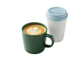 Isolated Green Mug of Coffee with Latte Art next to Takeout Cup with Blue Lid on Surface