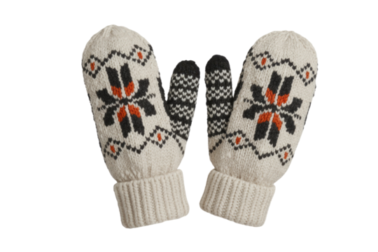 Pair of beige knitted mittens with a snowflake pattern, perfect for winter. background removed - Powered by Adobe