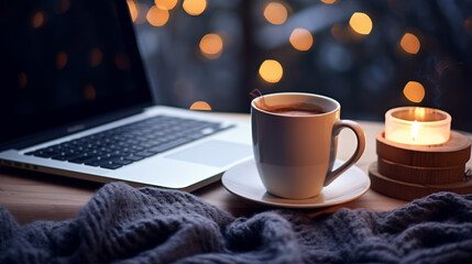 Obraz premium Tasse de café ou cappuccino. Boisson chaude, ambiance chaleureuse et relaxante, dans une chambre, lumière tamisée. Arrière-plan pour conception et création graphique.