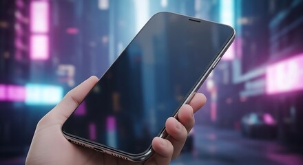 A modern smartphone in a hand, displayed against a vibrant, out-of-focus urban background featuring neon lights.