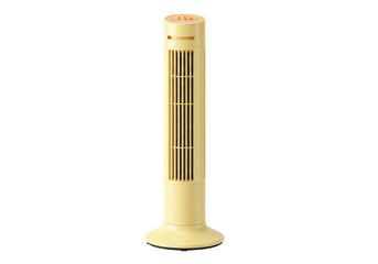 Isolated yellow tower fan for cooling and air circulation in home or office during summer