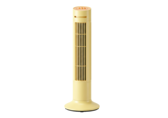 Isolated yellow tower fan for cooling and air circulation in home or office during summer