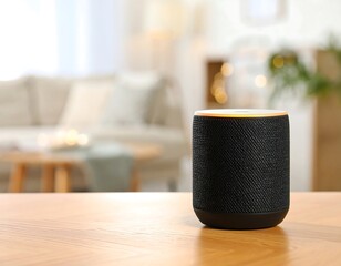 Smart speaker on a wooden table in a living room