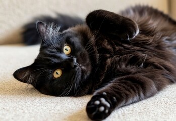 A playful black cat with yellow eyes lies on a soft surface. Its fur is fluffy and shiny, showcasing its playful demeanor. Perfect for adoption themes.