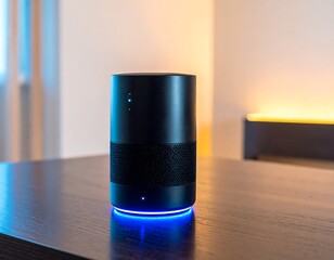 Smart speaker on a wooden table in a room
