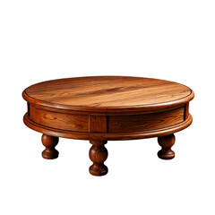 A round wooden table with legs on a transparent background.