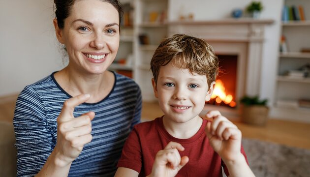 Happy Family Learning Sign Language Together - Powered by Adobe