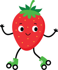 Cute Strawberry Cartoon Character Roller Skating Illustration on a White Background