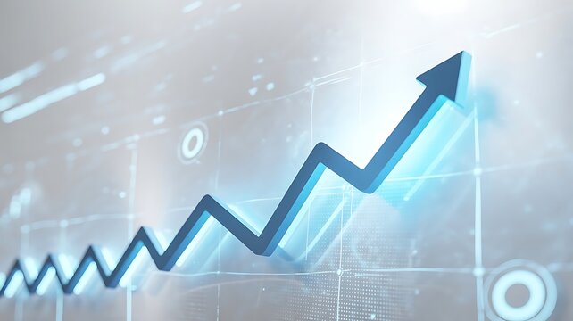 Blue arrow graph showing upward trend and financial growth on a light background