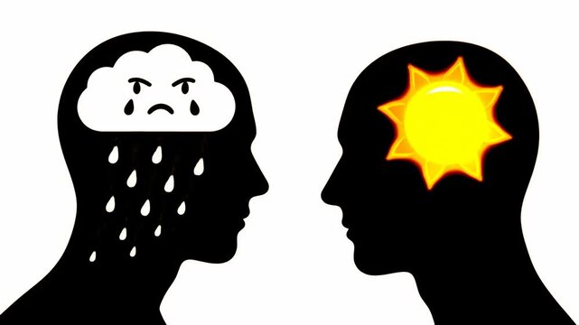 Contrasting Silhouettes of Human Heads Showing Anxiety with Rain and Tranquility with Sun