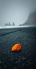 Orange rock on a dark volcanic beach under a gray sky.