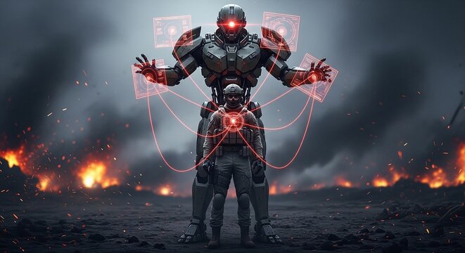 Futuristic Soldier with a Battle Robot