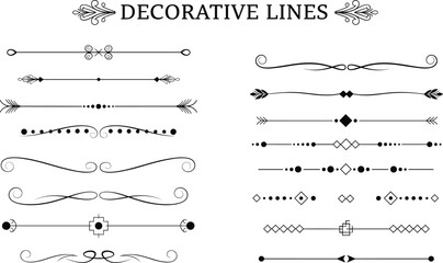 Decorative line collection with ornate flourishes, arrows, diamonds and floral motifs for elegant layout, invitations, branding and graphic design