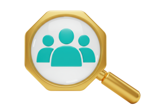 Isolated people search concept magnifying glass with customer team symbol, flat design
