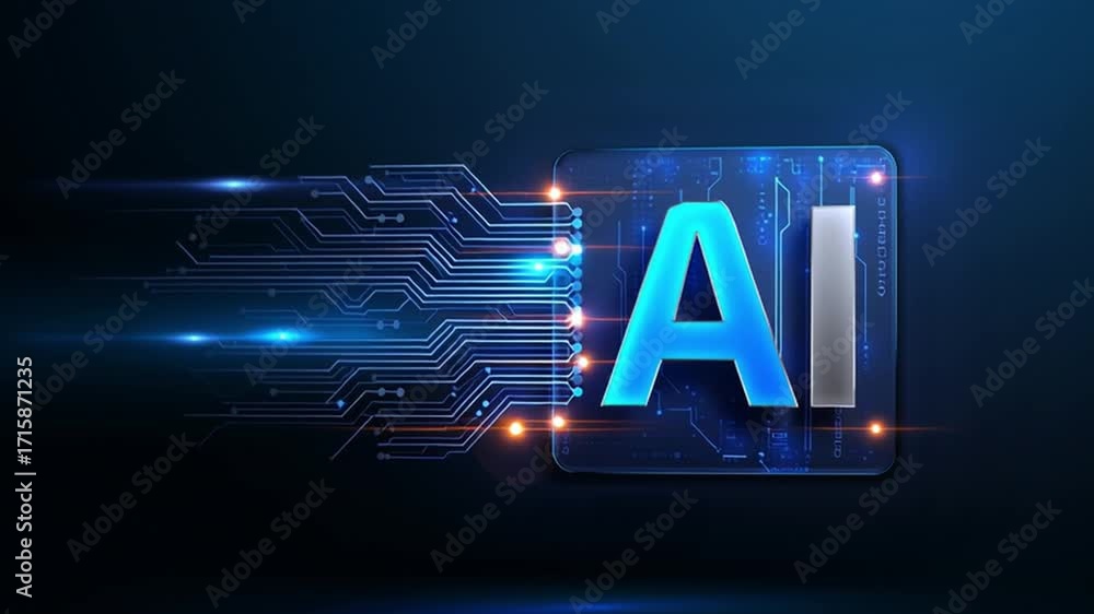 Poster ai technology: futuristic rendering of an 'ai' icon, with circuit board elements and digital light t