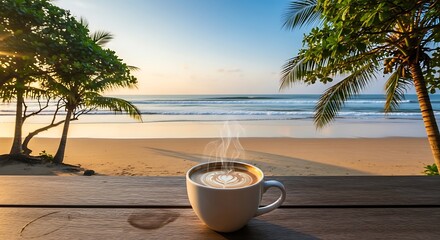 A tranquil morning coffee by the ocean, with a beautiful sunrise view over a sandy beach.