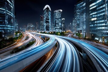 Obraz premium Urban Highway Light Trails and Modern Skyscrapers at Night