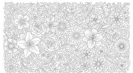 Intricate black and white line drawing of a floral pattern, depicting various flowers and foliage.