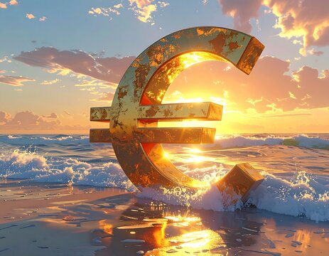 Golden Euro symbol on a beach at sunset - Powered by Adobe