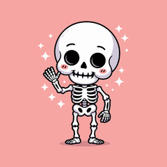 cute skeleton character, kawaii bones mascot, sparkling stars background, smiling cheeks, halloween sticker design, cartoon vector illustration