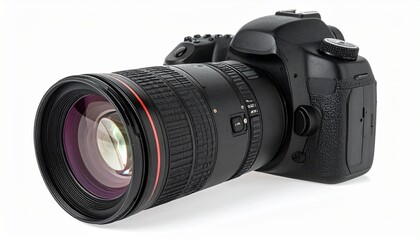 Black DSLR camera with detachable lens, buttons, dials, and strap on white background