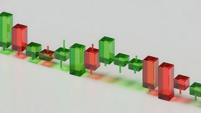 3d rendering of a stock market candlestick chart with green and red bars showing price fluctuation, isolated on white background