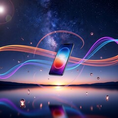 Smartphone floating in space above a tranquil sunrise