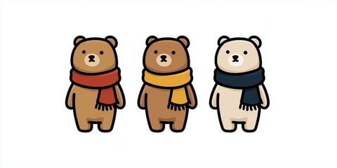 Fototapeta premium Three cute bears wearing colorful scarves cartoon characters vector illustration