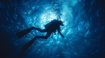 Silhouette of a scuba diver exploring a deep underwater cavern.