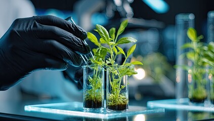 Scientist Examining Plants in Test Tubes in a Laboratory Setting.