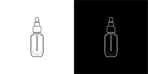 Glass dropper bottle icon, line art, white and black background.