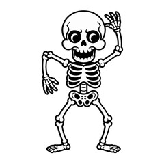 simple skeleton outline, waving hand pose, black and white drawing, minimal halloween icon, spooky sticker, clean vector