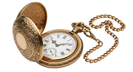 Fototapeta premium Antique Gold Pocket Watch with Chain Open face design Detailed ornate Luxury timepiece Isolated on white background
