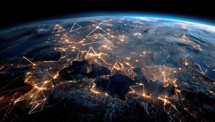 Night view of Earth, showcasing Europe's illuminated cities and interconnectedness via glowing triangular lines representing data streams or travel routes, set against the backdrop of space