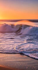 A breathtaking coastal scene at sunrise, featuring powerful waves crashing on a sandy beach, bathed in warm, golden hues.