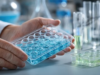 Scientist holding a lab dish with liquid, research, experiment, science, laboratory.