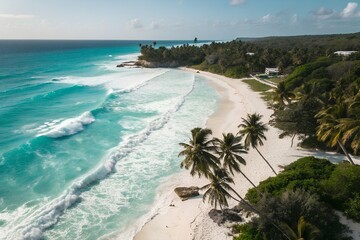 An aerial view of a pristine tropical beach with turquoise waters and lush palm trees lining the white sand shore.