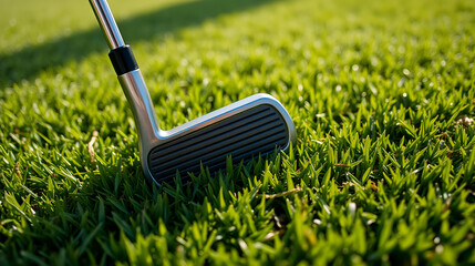 Golf iron head on green grass