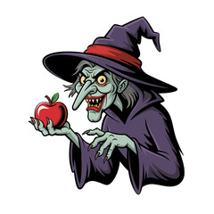 wicked witch character, crooked hat, poisonous apple, long nose, fairytale villain vibe, halloween illustration, spooky sticker, vector design