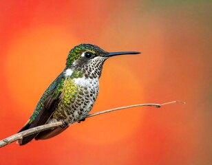 Obraz premium A close-up of a vibrant hummingbird, with striking green and white plumage, perched delicately on a slender branch against a soft, gradient backdrop of orange and muted tones.