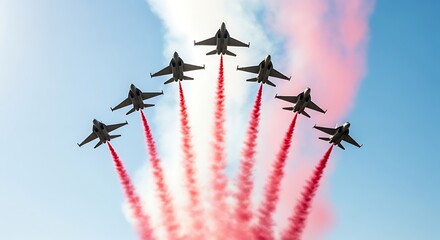 A captivating display of military aircraft performing intricate maneuvers, leaving trails of vibrant red and white smoke against a clear blue sky.
