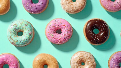 Colorful Donuts Arranged on Mint Green Background.