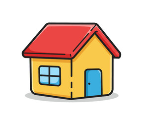 A simple cartoon illustration of a yellow house with a red roof and blue door, featuring a single window.