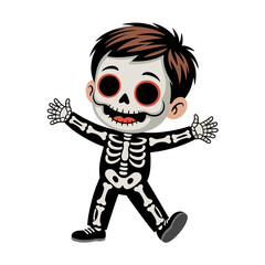 cute child in skeleton costume, halloween character mascot, smiling pose, spooky theme, cartoon vector illustration, isolated, printable