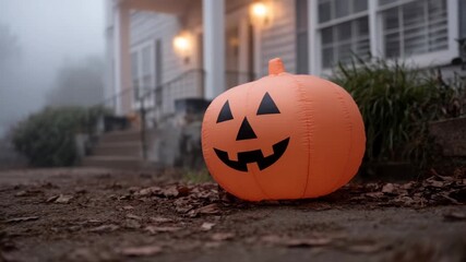 Inflatable pumpkin sits on misty porch, Halloween vibes evoke spooky yet playful ambiance, autumn leaves scattered enhance seasonal charm