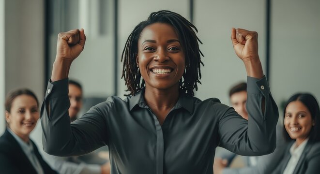 Successful african american businesswoman celebrating with team in the office