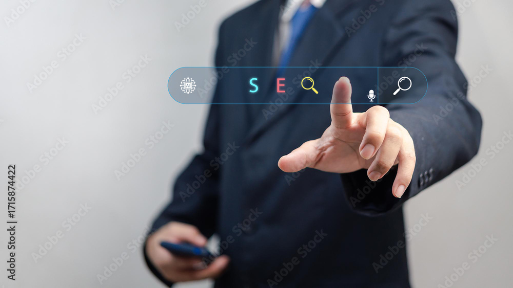 Aufkleber businessman using ai-powered seo search engine optimization tool on virtual interface, representing 