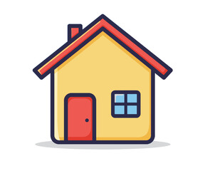 Simple cartoon illustration of a yellow house with red roof and door.