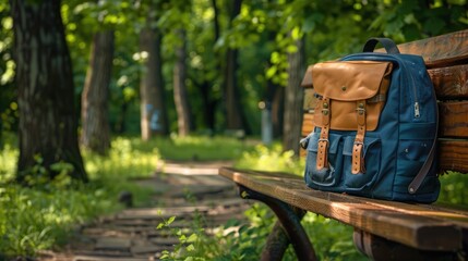 A backpack lying on a park bench. Tourism, active lifestyle.